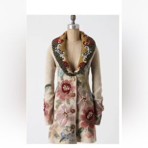 Anthropologie embroidered  handpainted poppies sweater coat large RARE